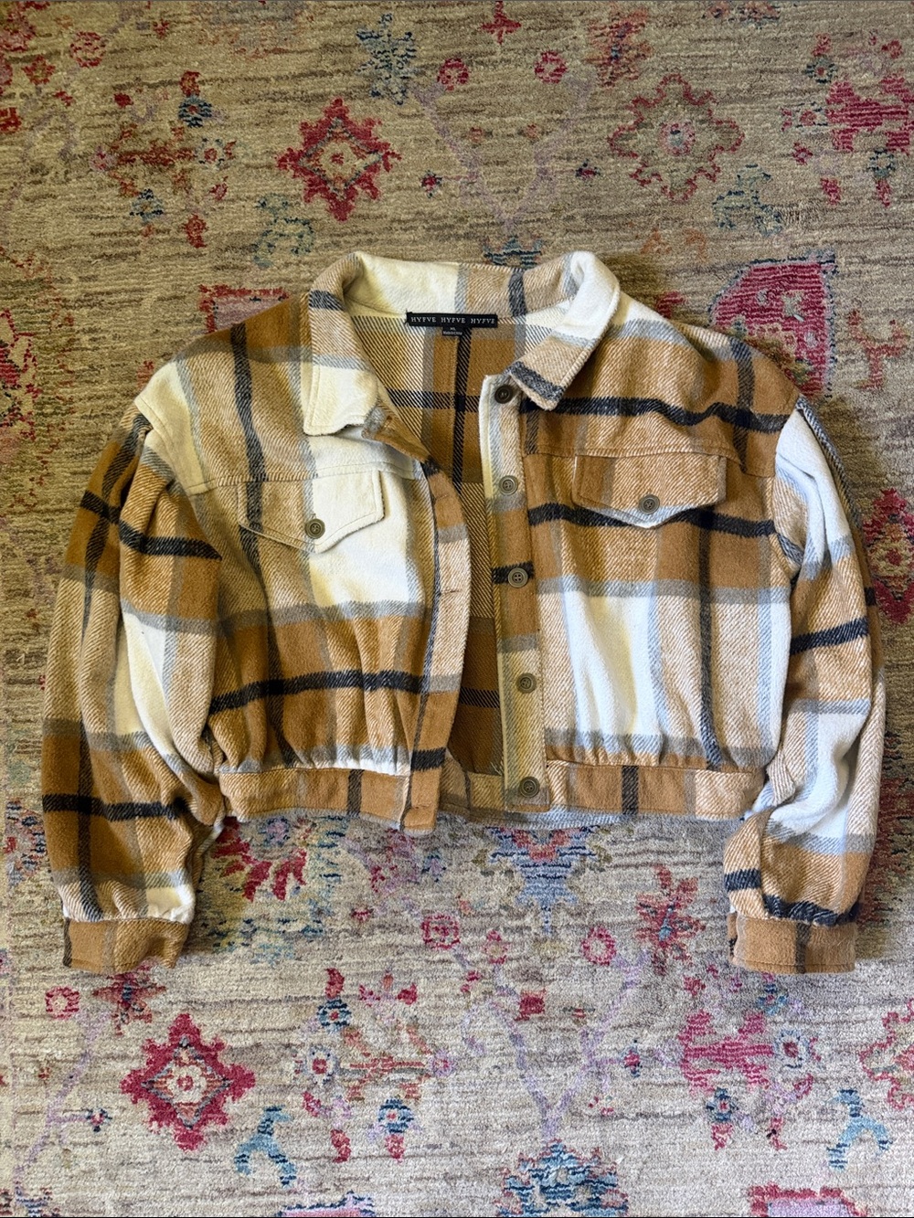 HYFVE Cropped Plaid Shacket Jacket - Camel & Cream